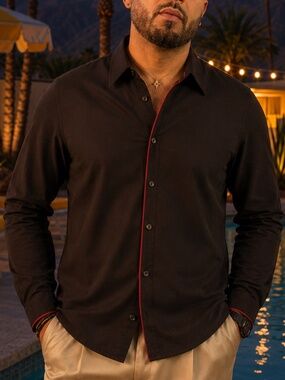 Vintage Olivier Strelli Men’s Brown Cotton Shirt Red Trim Size XL Belgium Design